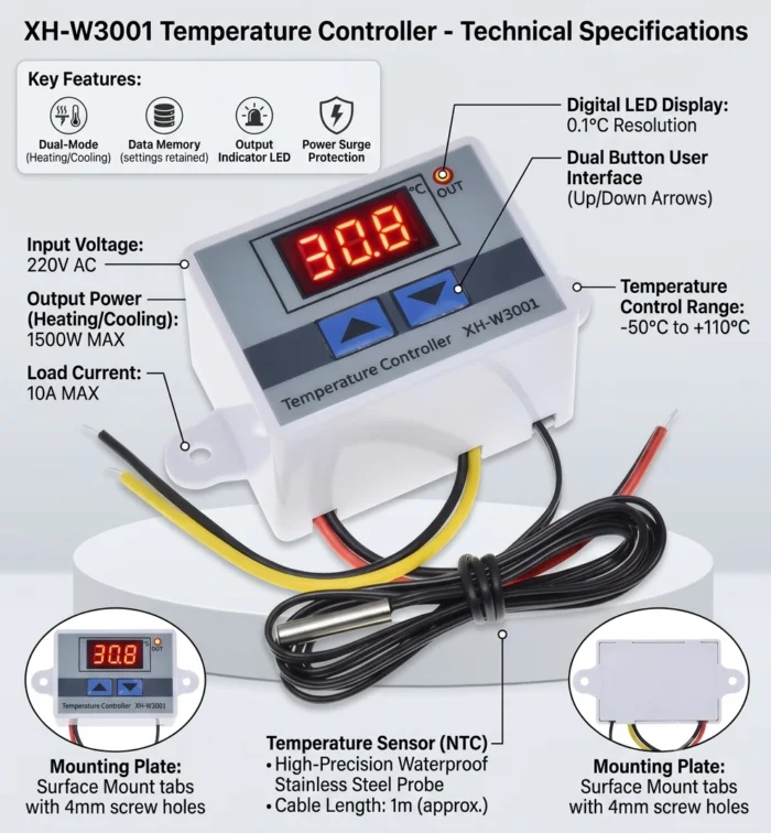 ⁦​🌡️ منظم وحساس الحرارة الرقمي الذكي XH-W3001 (220V - 1500W)⁩ - الصورة ⁦3⁩